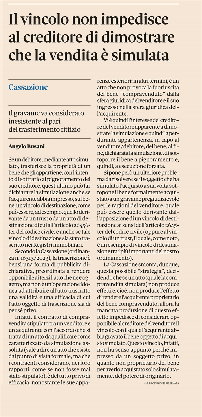 VINCOLO DI DESTINAZIONE - Non regge se simulato