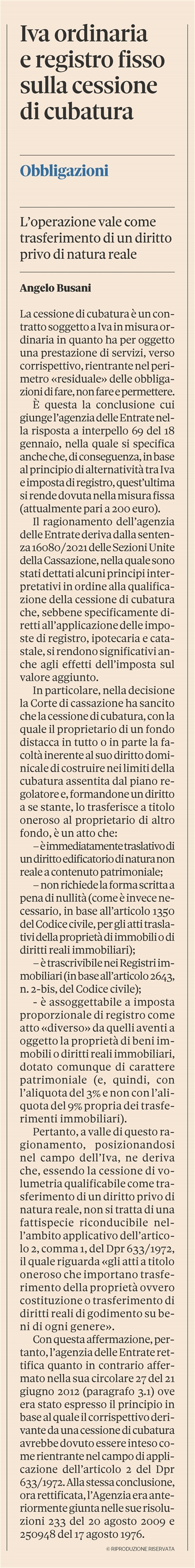 CESSIONE DI CUBATURA - Iva ordinaria, registro fisso