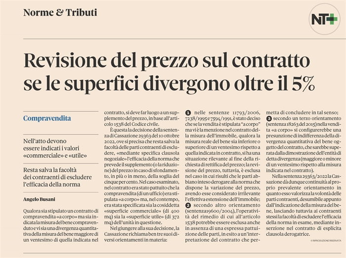 COMPRAVENDITA "A CORPO" - Quando è dovuto un supplemento di prezzo