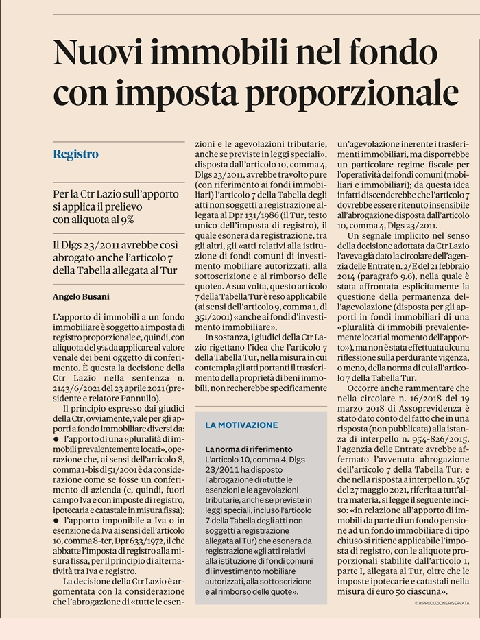 FONDI IMMOBILIARI - Tassazione dell'apporto