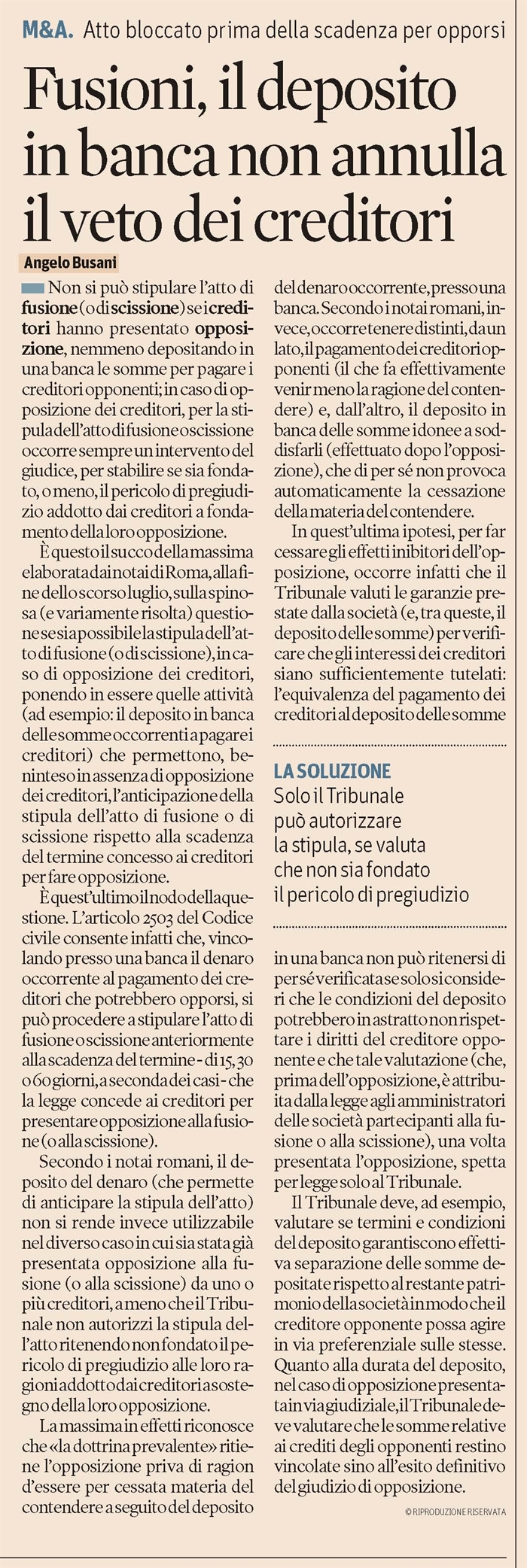 SOCIETA' - Atto di fusione e scissione con opposizione dei creditori 