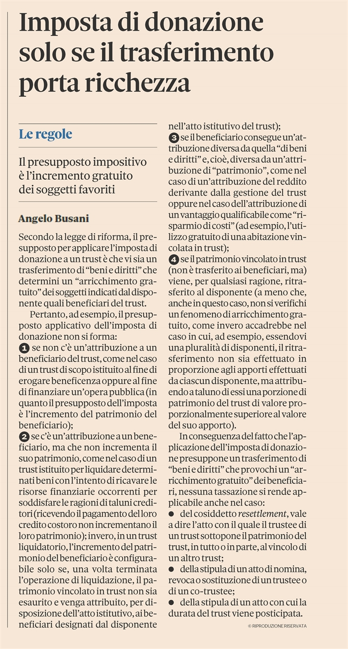 TRUST - Tassazione "in uscita" solo se c'è trasferimento di ricchezza
