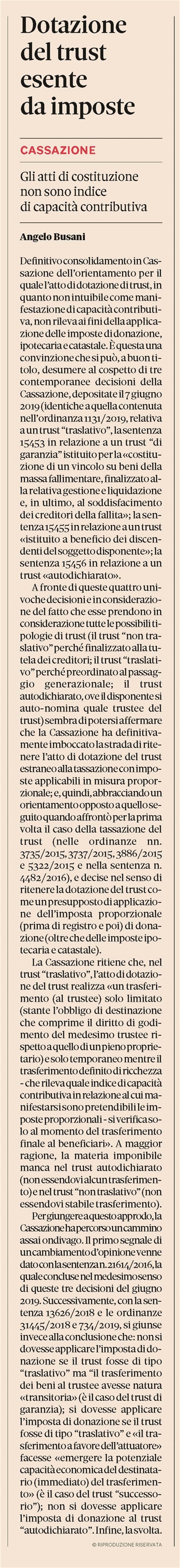 TRUST - Per la Cassazione l'atto di dotazione è con imposte fisse