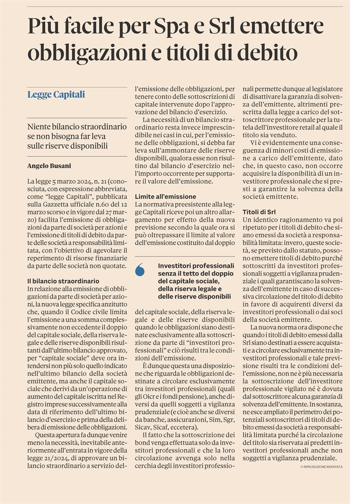 SOCIETA' - Nuove regole per obbligazioni di SPA e titoli di debito di SRL