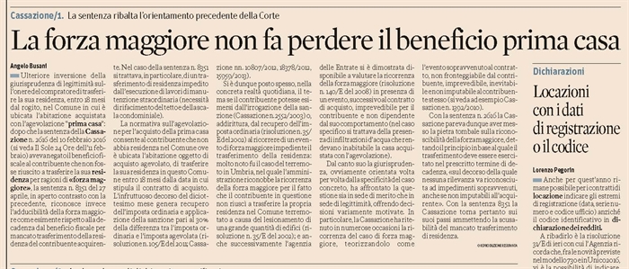 COMPRAVENDITA - "Prima casa" - Residenza impedita da forza maggiore