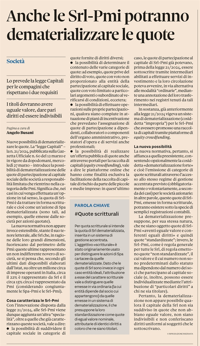 SOCIETA' - La Srl con quote dematerializzate (pagina)