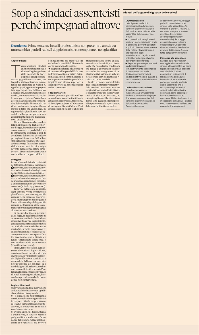 SOCIETA' - Decadenza per il sindaco assenteista