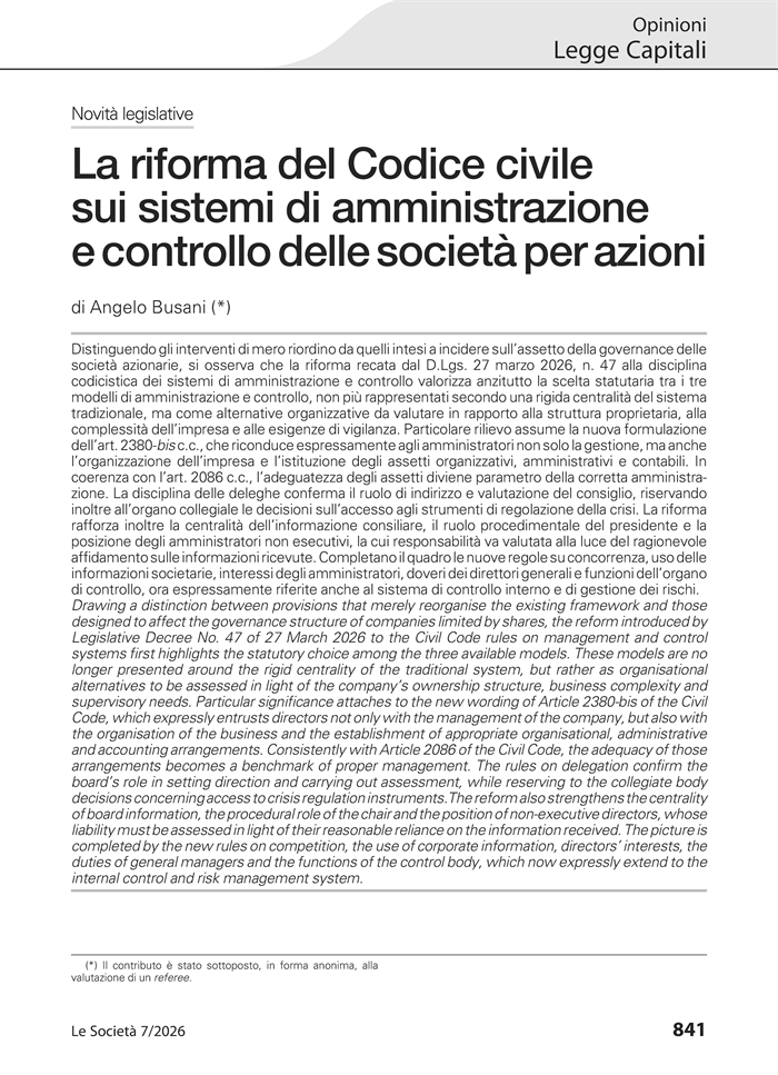 SOCIETA' - La riforma 2026 dei sistemi di governance delle SPA