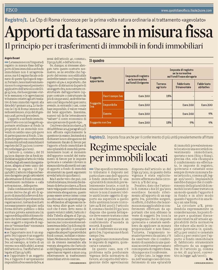 FONDI IMMOBILIARI - Tassazione dell'apporto