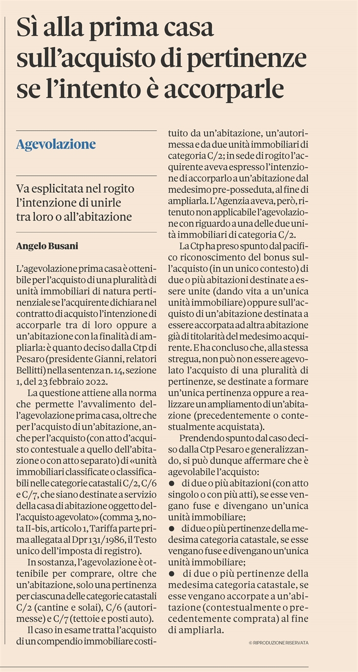 AGEVOLAZIONE PRIMA CASA - Accorpamento della pertinenza con l'abitazione (pagina)