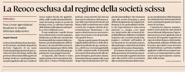REOCO - La scissione non trascina i benefici della società scissa