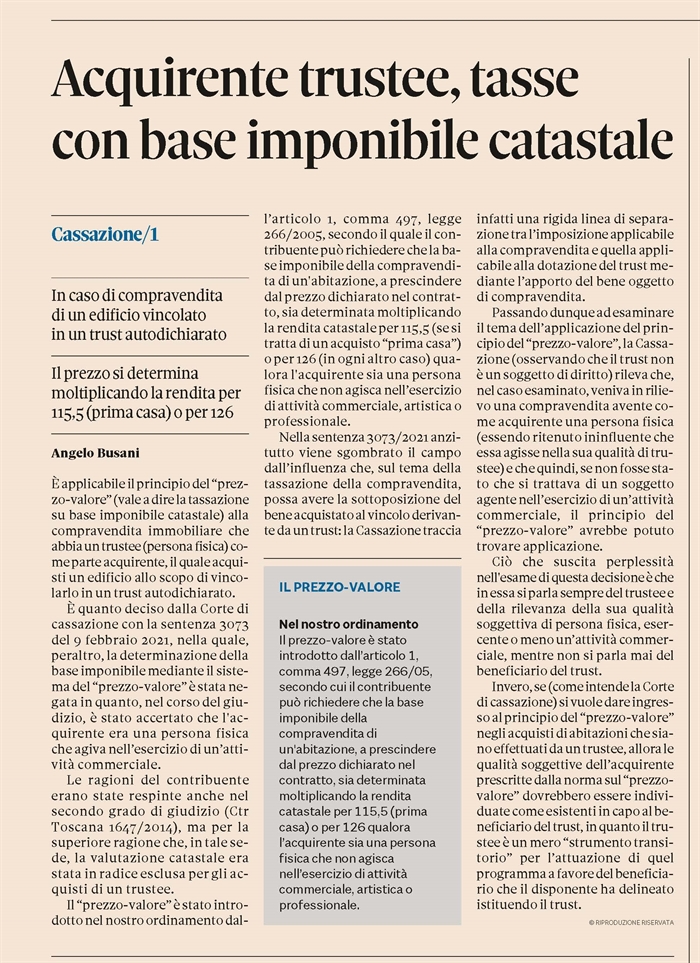 ACQUISTI DEL TRUSTEE - Si applica il "prezzo-valore"