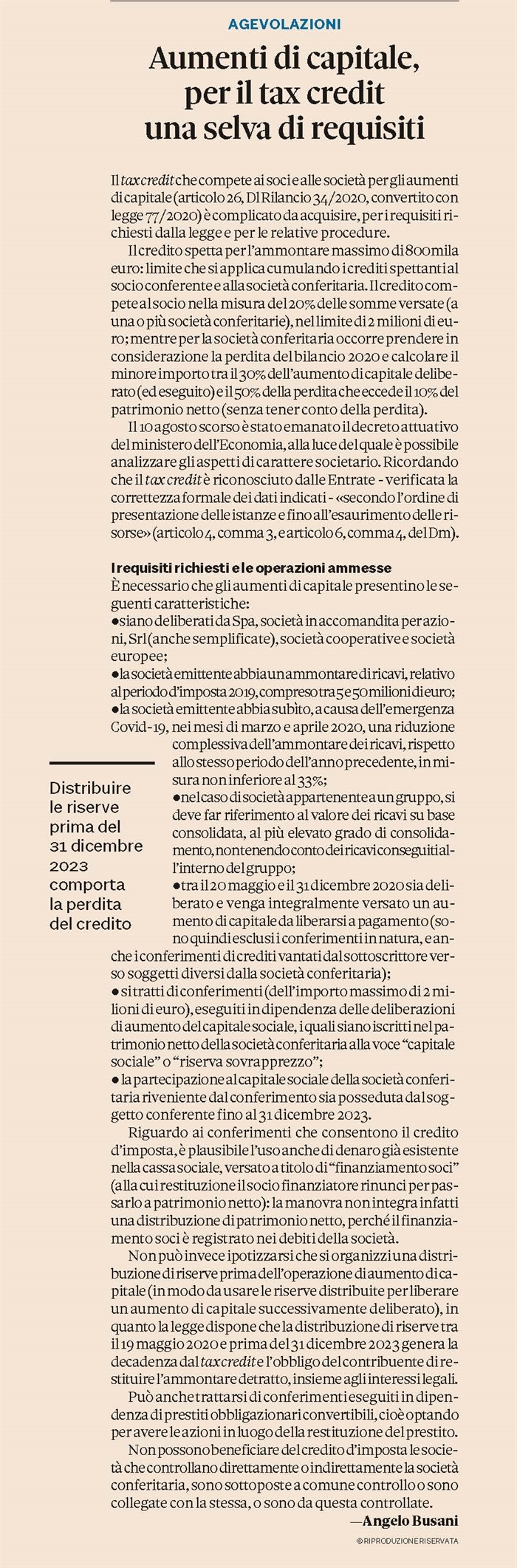 SOCIETA' - Aumento di capitale e tax credit