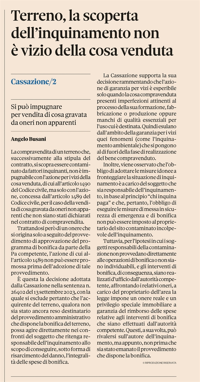COMPRAVENDITA DI TERRENO - Se è inquinato, non è un vizio ma un onere