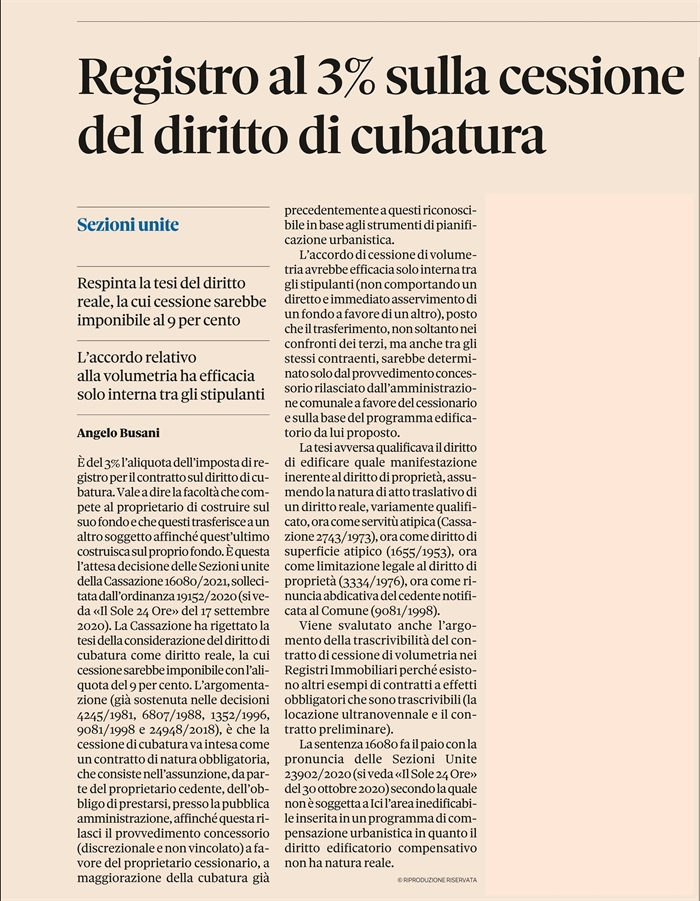 CESSIONE DI CUBATURA - Sezioni Unite: imposta di registro al 3% 