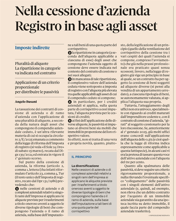 CESSIONE DI AZIENDA - Imposta di registro applicata al singolo asset
