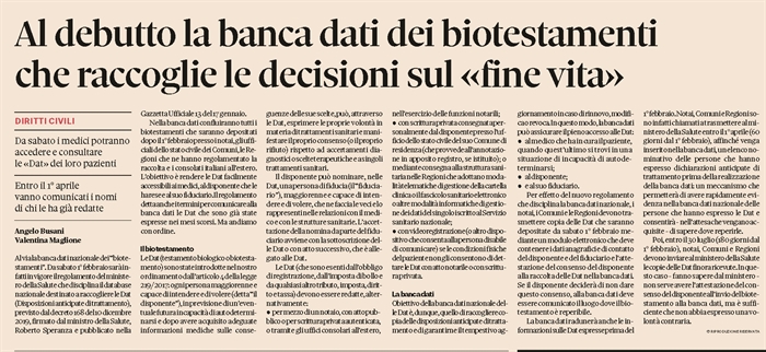 BIOTESTAMENTO - al via la Banca Dati Nazionale delle DAT