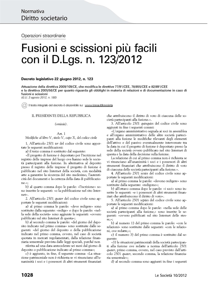 SOCIETA' - Progetto di fusione e scissione pubblicato su sito internet