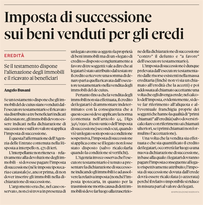 IMPOSTA DI SUCCESSIONE - Quando il testatore ordina la vendita dei beni ereditari