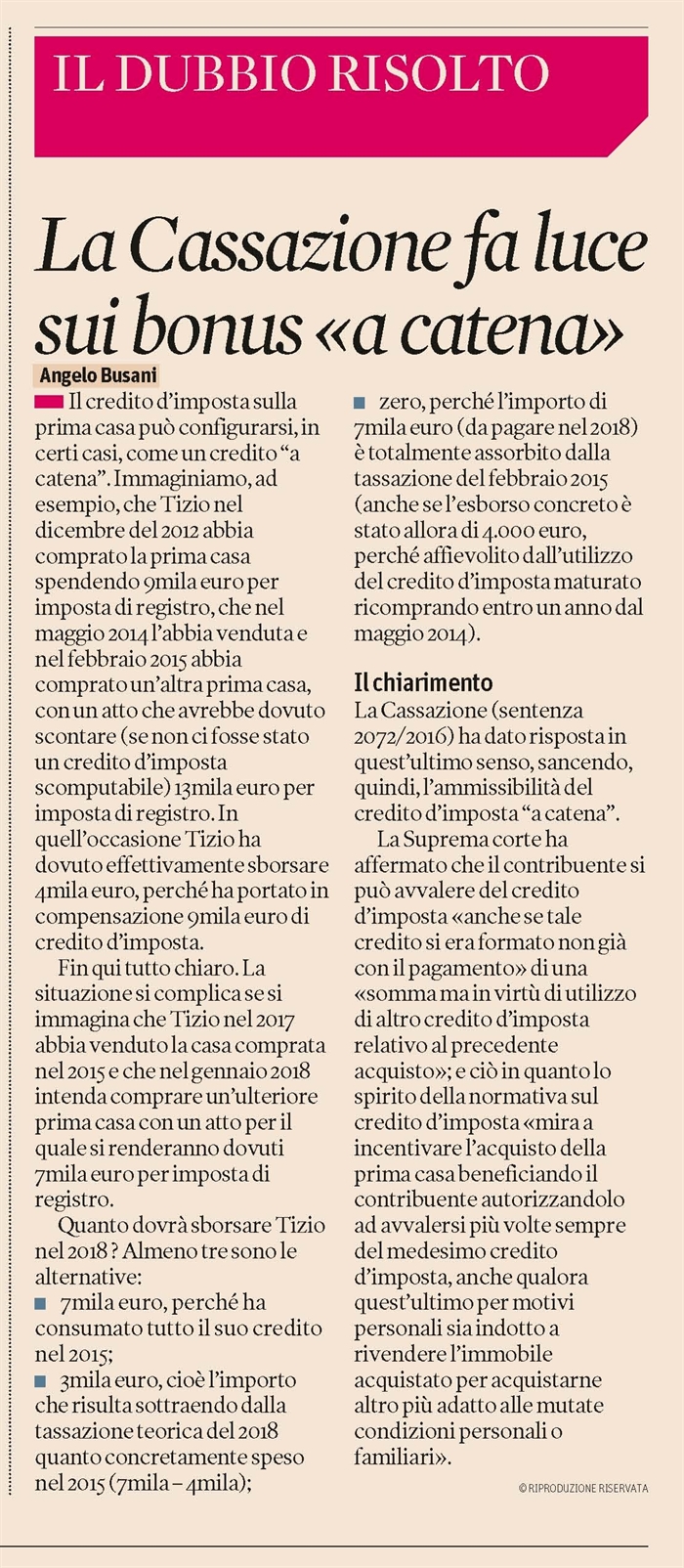 COMPRAVENDITA - Il credito d'imposta "a catena" per l'acquisto della "prima casa" 
