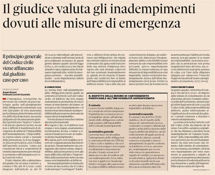 CONTRATTI - Inadempimento contrattuale nel periodo dell'epidemia 