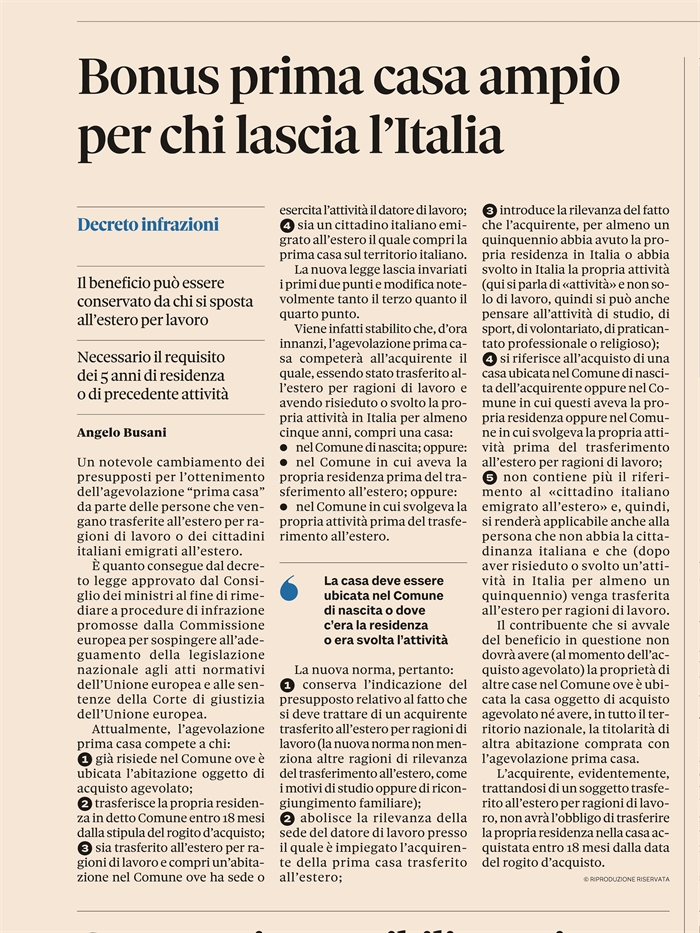 AGEVOLAZIONE 1a CASA - Nuovi (e più ampi) benefici per chi emigra