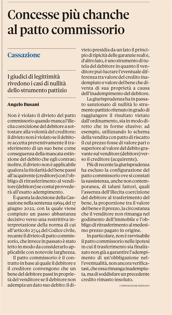 PATTO COMMISSORIO - Non ricorre quando non c'è illecita coercizione del debitore