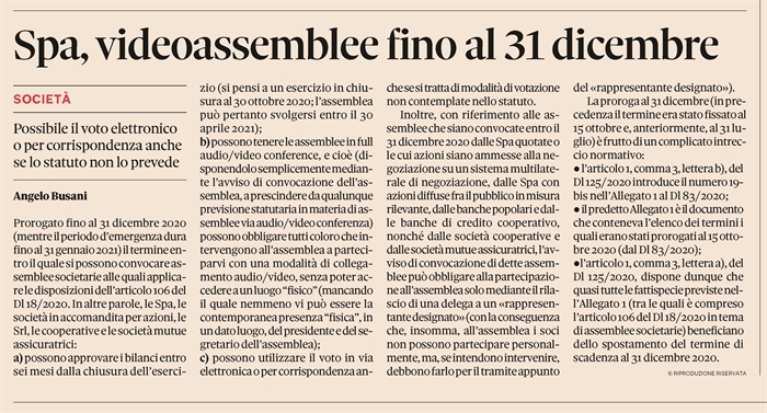 SOCIETA' - Assemblee in full audio video conference fino al 31 dicembre 2020