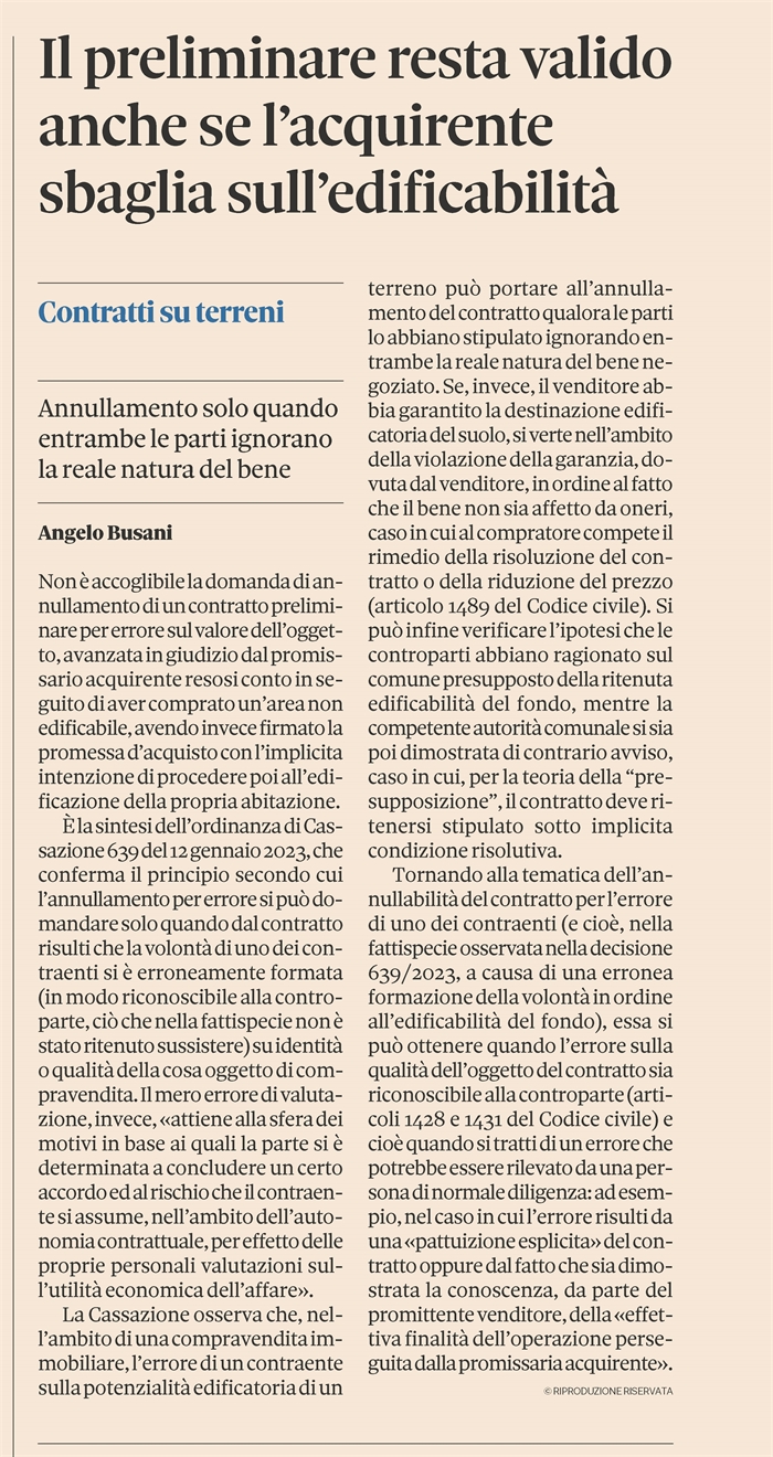 COMPRAVENDITA DI TERRENO - Errore sull'edificabilità