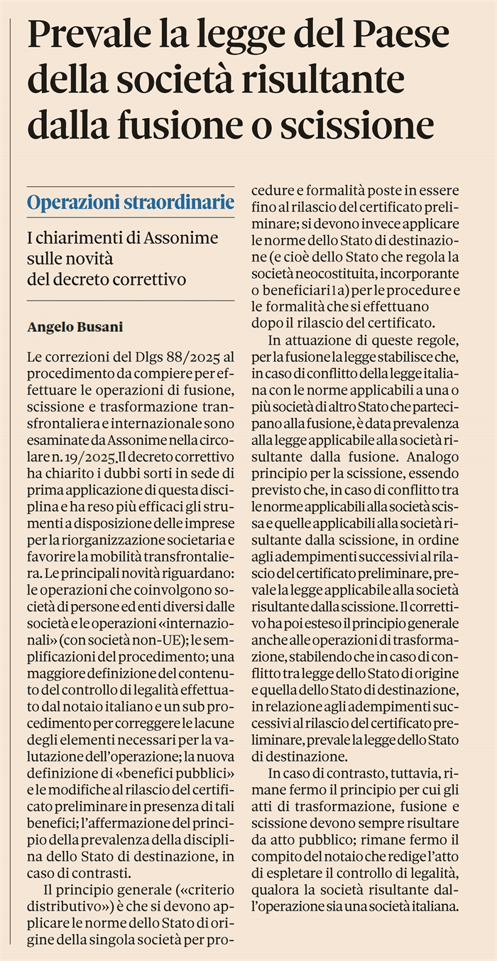 FUSIONE TRANSFRONTALIERA - La legge applicabile
