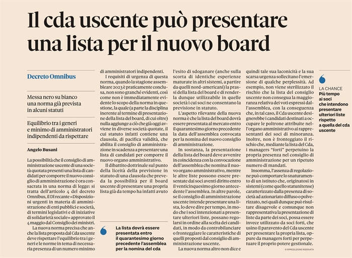 SOCIETA' - Lista per il nuovo CdA presentata dal CdA uscente