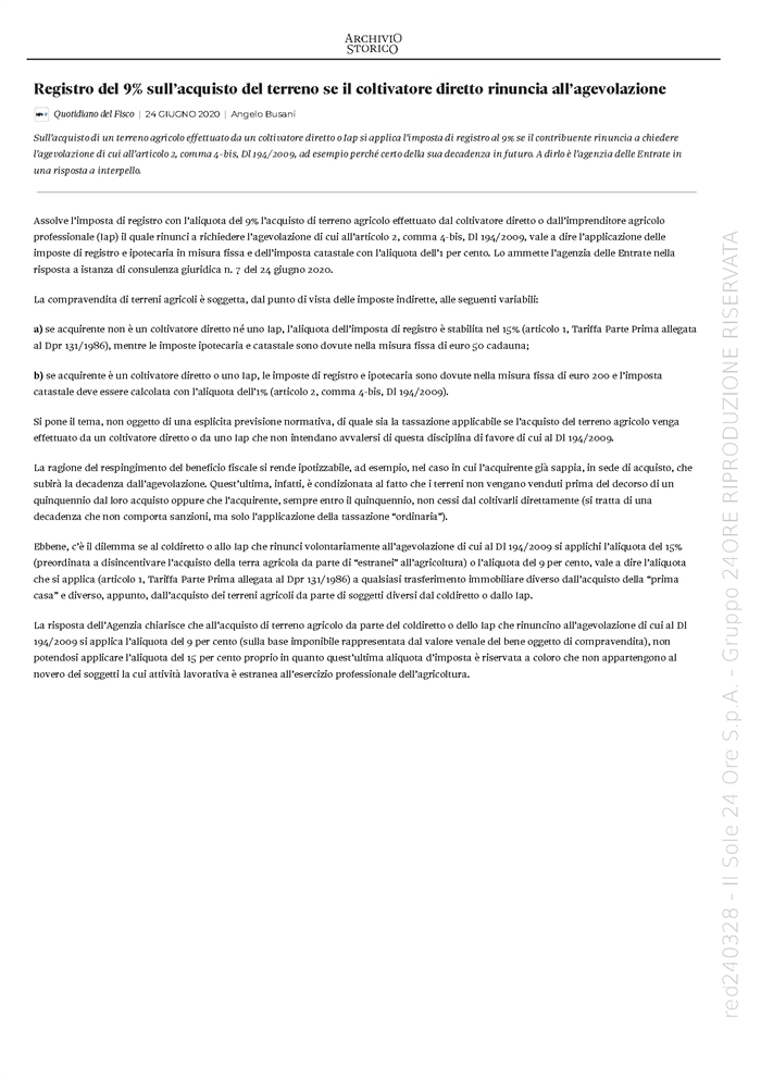 IMPOSTA DI REGISTRO - Acquisto di terreno agricolo