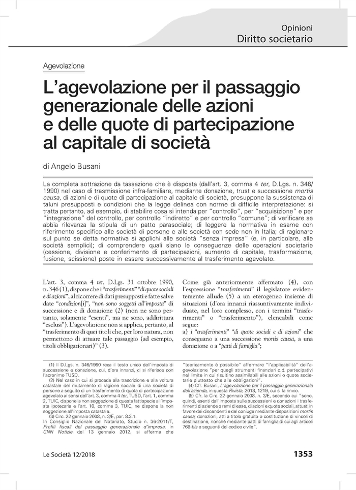 IMPOSTA DI DONAZIONE - Il passaggio generazionale di quote di partecipazione al capitale di società