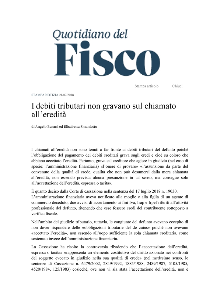 EREDITA' - I chiamati all'eredità non sono tenuti a pagare i debiti (anche tributari) del defunto