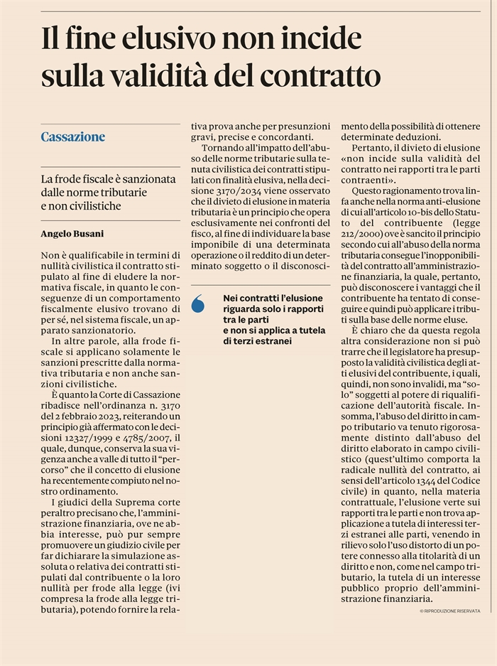 CONTRATTO FISCALMENTE ELUSIVO - E' civilisticamente valido
