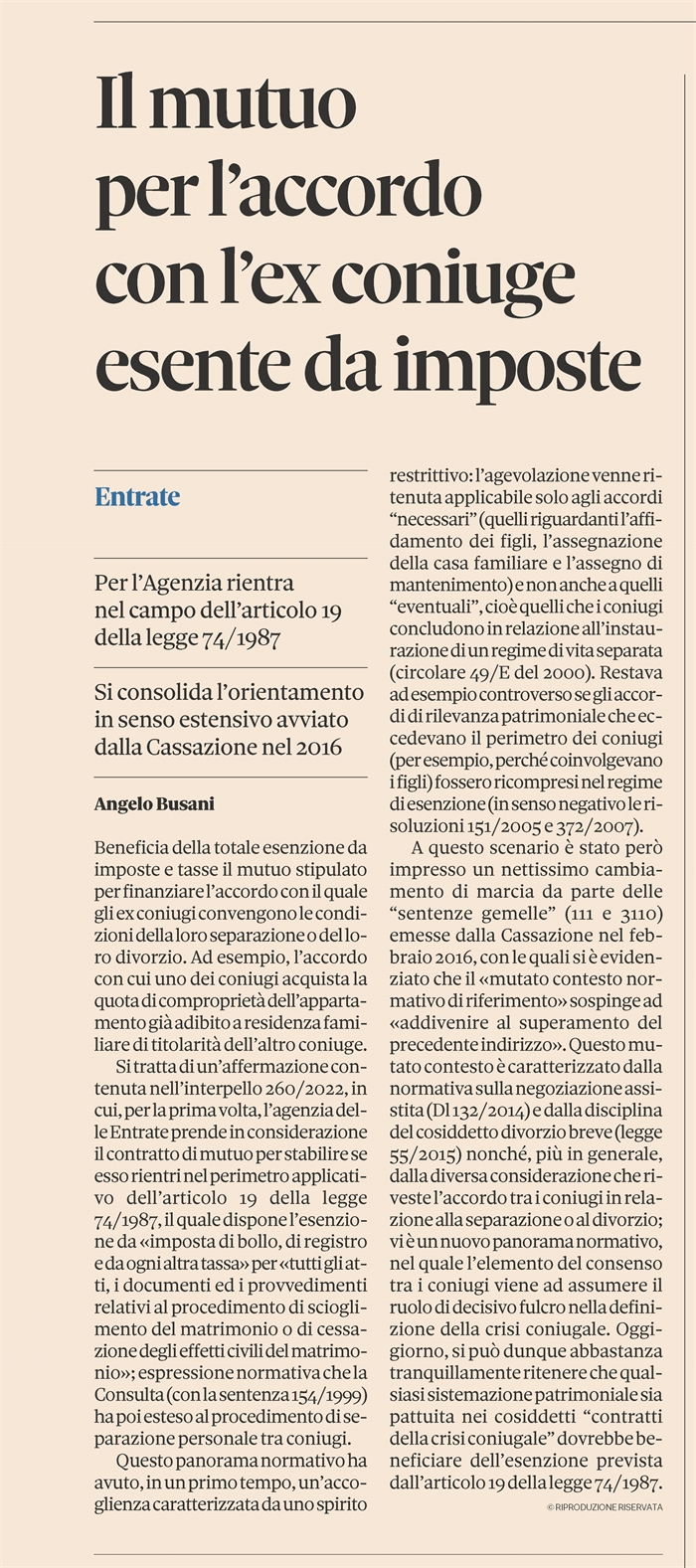FAMIGLIA - Esente da imposte il mutuo per finanziare separazione e divorzio