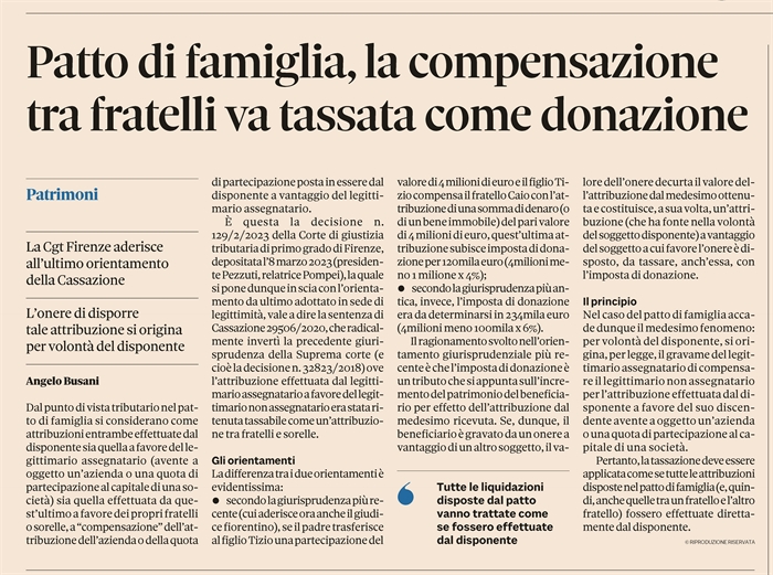 PATTO DI FAMIGLIA - Tassazione