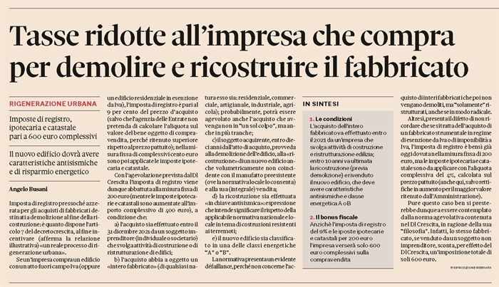 COMPRAVENDITA - Imposte ridotte per chi demolisce e ricostruisce