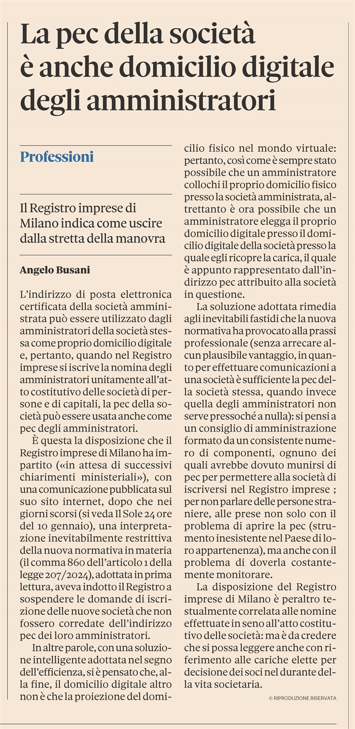 PEC AMMINISTRATORI - Si può usare quella della società