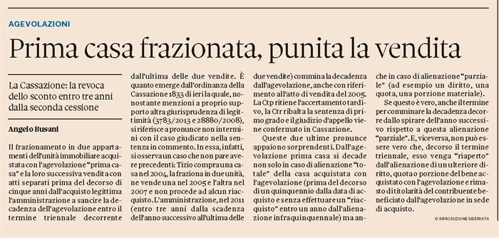 COMPRAVENDITA - Decadenza dall'agevolazione "prima casa" per rivendita infraquinquennale