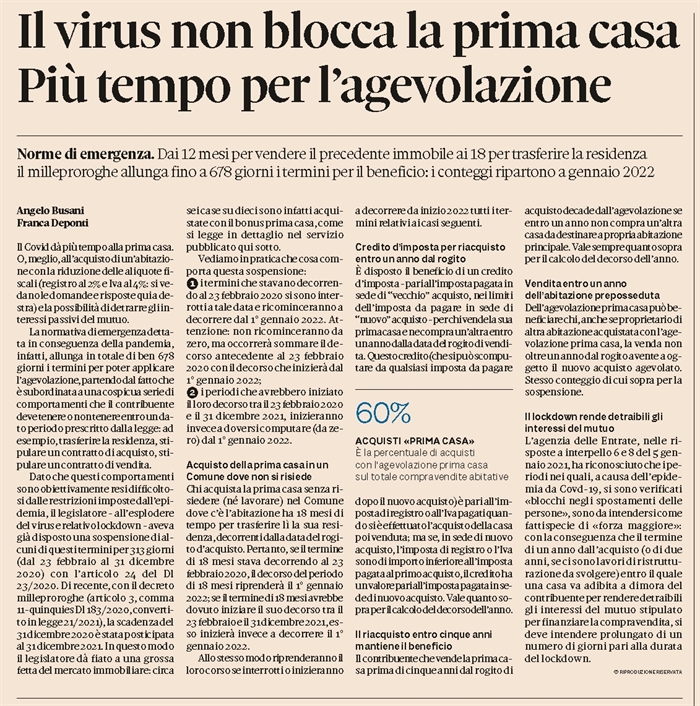COMPRAVENDITA - Agevolazione 'prima casa' più facile a causa dell'epidemia