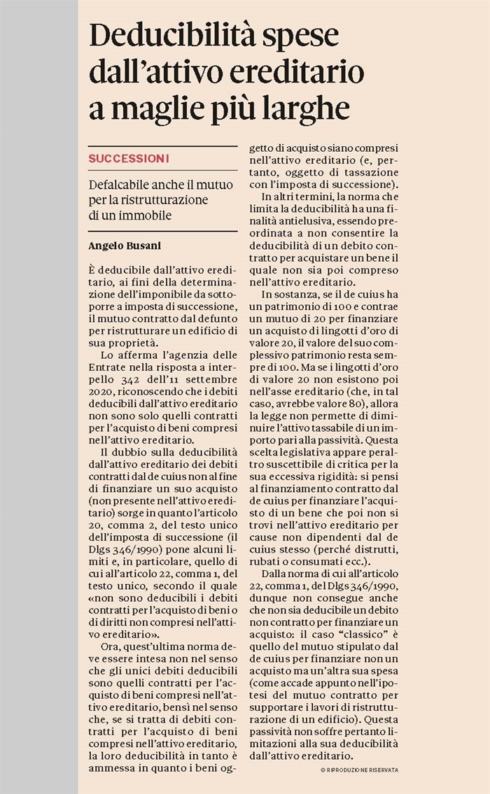 IMPOSTA DI SUCCESSIONE - Deducibilità del mutuo contratto dal de cuius