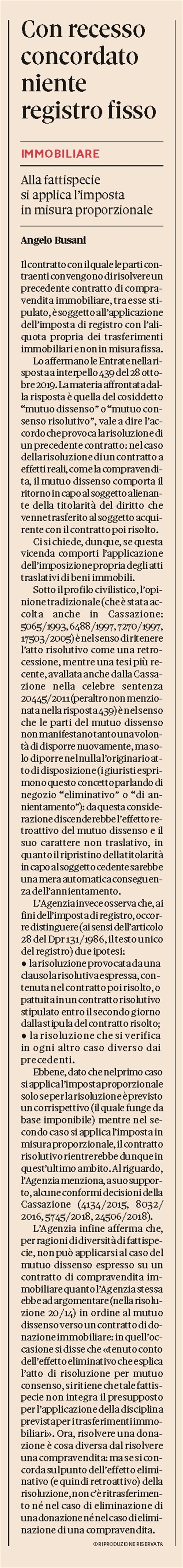 CONTRATTO RISOLUTIVO - Imposta di registro proporzionale