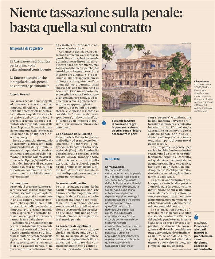 IMPOSTA DI REGISTRO - Niente tassazione per la clausola penale