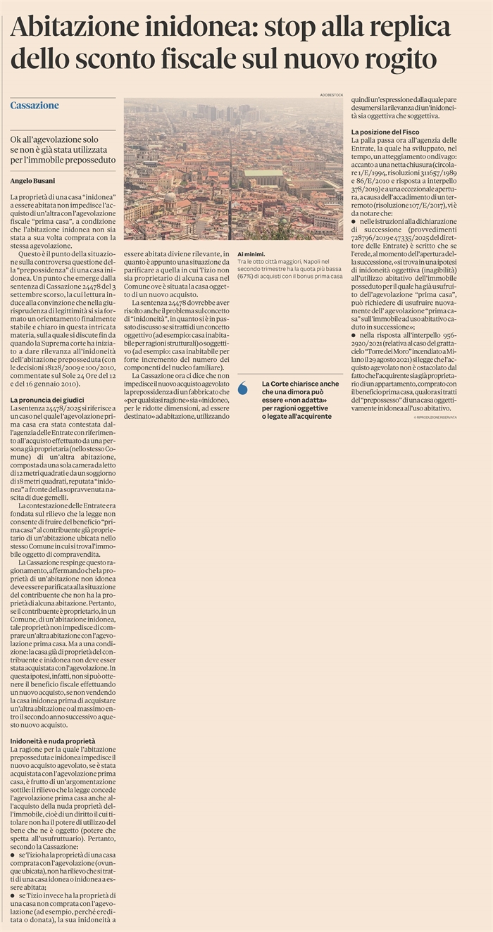 AGEVOLAZIONE PRIMA CASA - Pre-possesso di abitazione inidonea