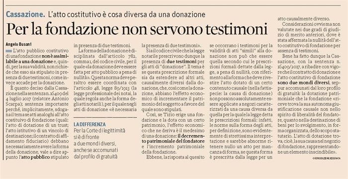ENTI NON PROFIT - Per l'atto costitutivo di Fondazione non occorrono i testimoni