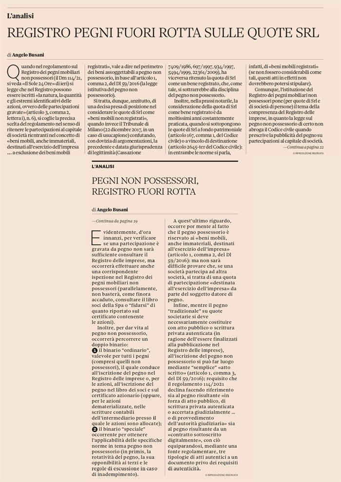 GARANZIE - Quota di Srl e pegno mobiliare non possessorio
