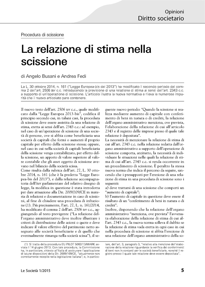 SOCIETA' - La relazione di stima nella scissione