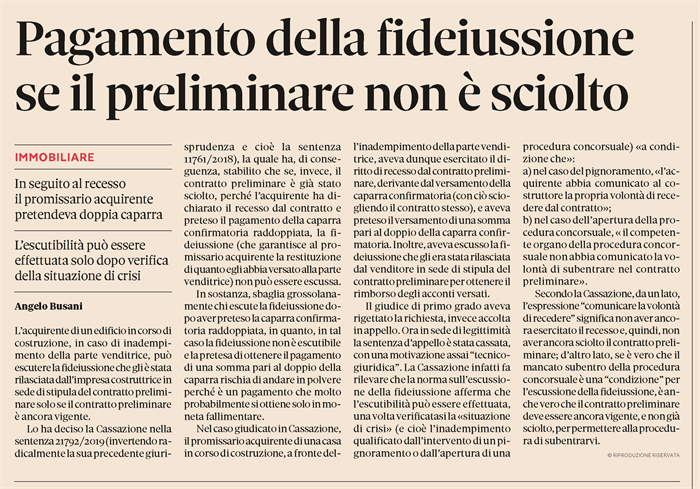 COMPRAVENDITA IN COSTRUZIONE - Inadempimento ed escussione della fideiussione
