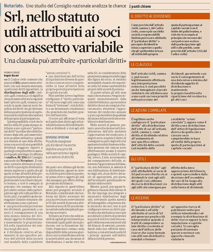 SOCIETA' - Il "particolare diritto" agli utili dei soci di Srl